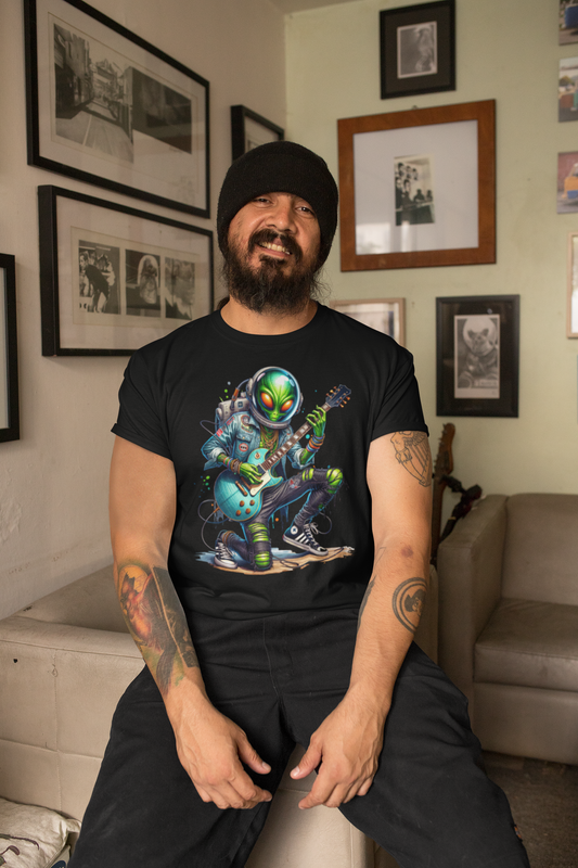 Rockstar Alien Unisex Tee, Fuurustic Emo Alien Guitar T-Shirt, Converse Shoes, Musician Tee