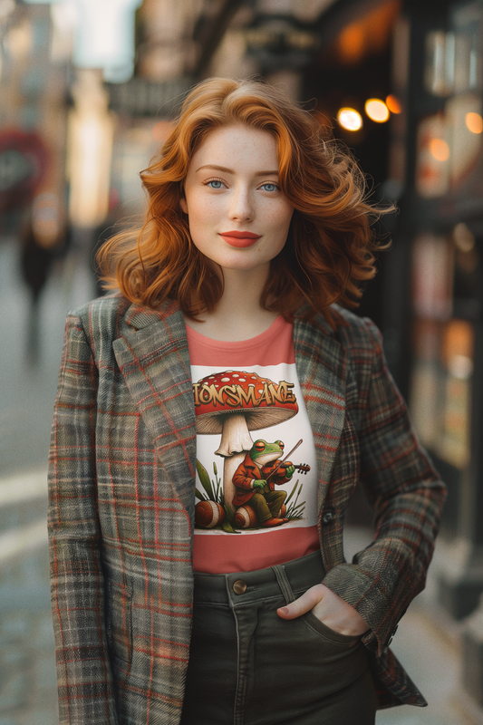 Whimsical Frog and Lionsmane Mushroom T-shirt | Nature-Inspired Design