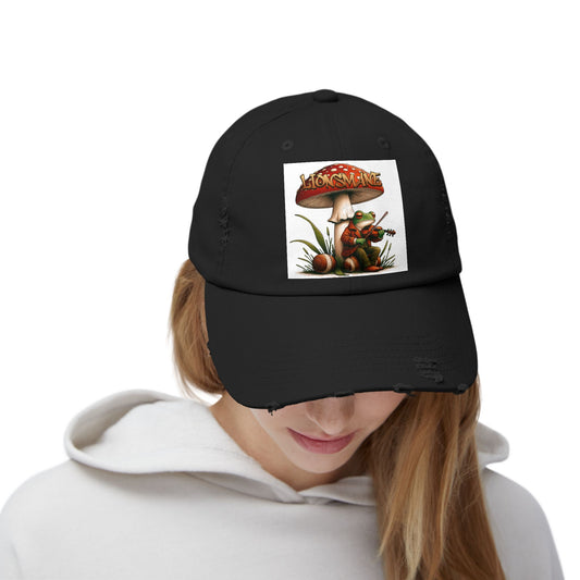 Frog in Peacoat under Lionsmane Mushroom Distressed Cotton Twill Hat
