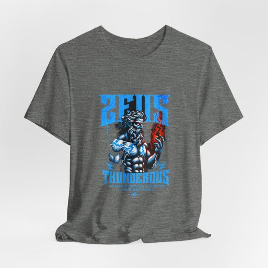 Zues Thunderous Tee, Lightning Bolt Shirt, Mythological Graphic Tee, Greek God T-Shirt, Unisex Jersey Top, Trendy Myth Tee