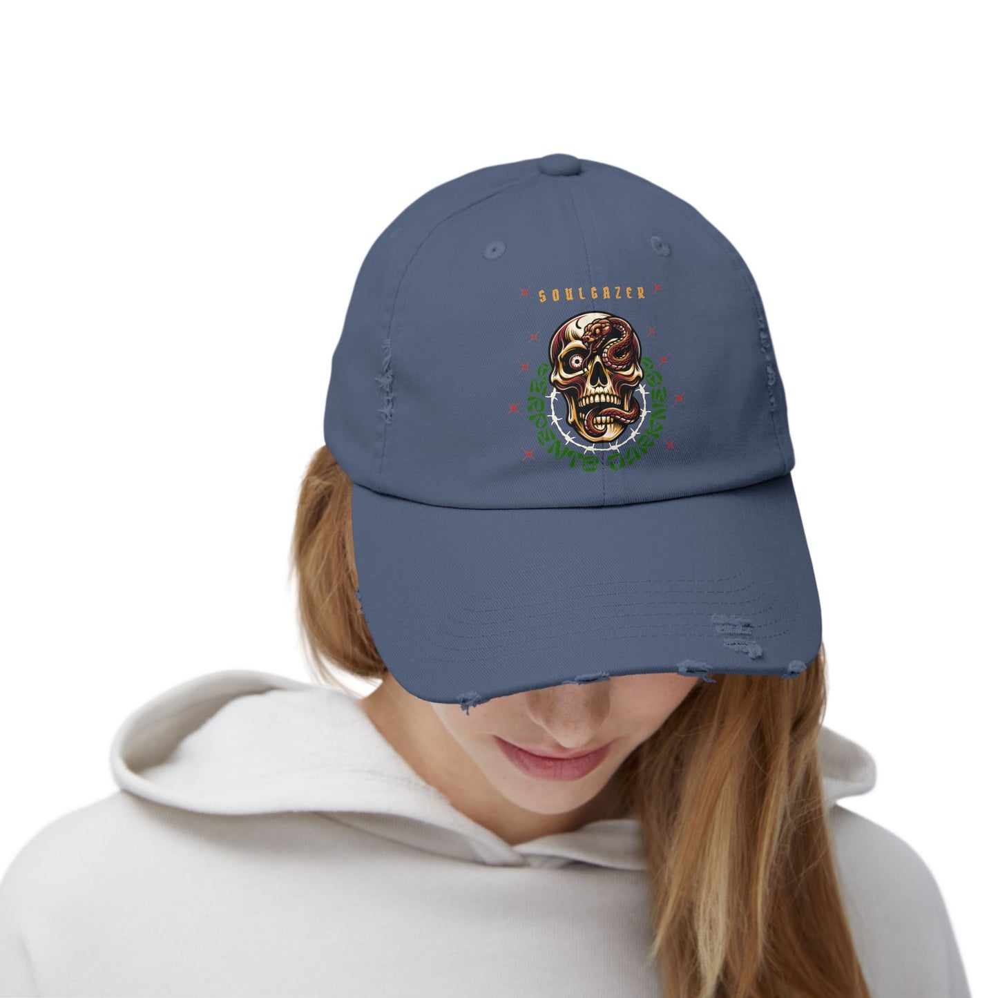 Soul Gazer Skull Snake Eye Distressed Cotton Twill Hat | Custom DTF Printed